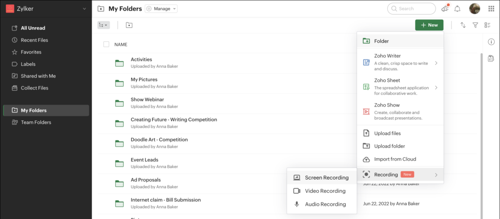 zoho_workdrive_new_recording_button